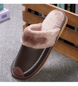Men Autumn Winter Leather Non-slip Comfy Thicken Warm Home Indoor Cotton Slippers